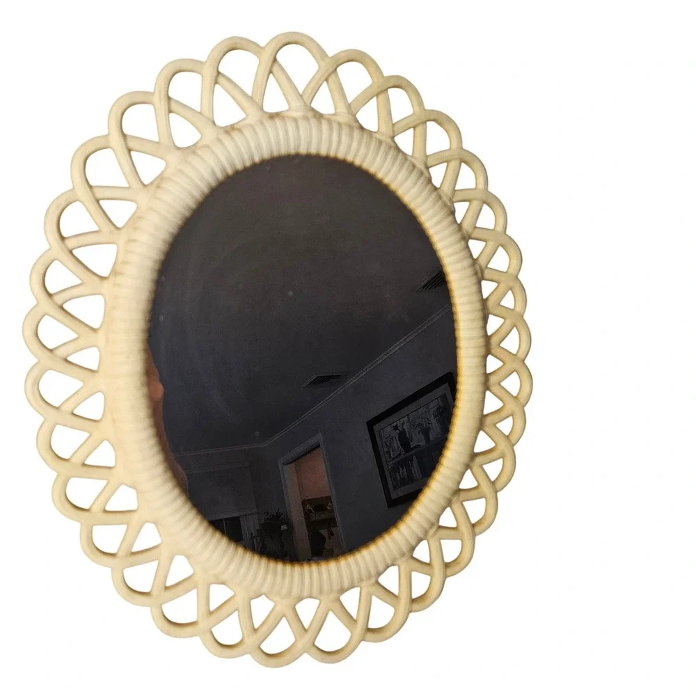 Vintage Cream Oval Burwood Plastic Mirror Decorative Vanity Tabletop Cottage